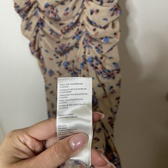 Free People Briella Midi tan floral dotted cinch side slit Dress XS -read - Picture 7 of 9